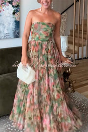 Romantic Factor Pleated Mesh Watercolor Print Bow Detail Strapless Maxi Dress