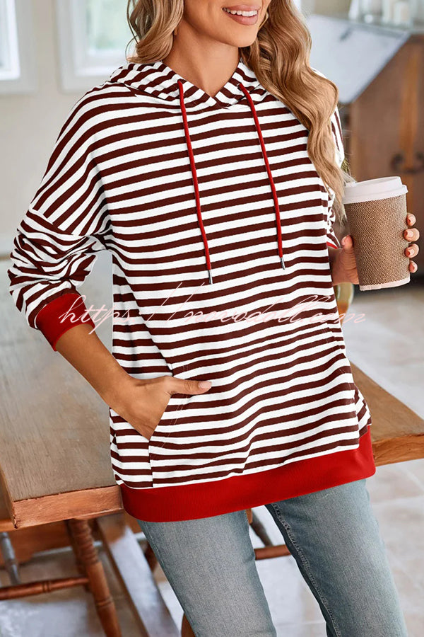 Striped Print Long Sleeve Pocket Loose Hoodie