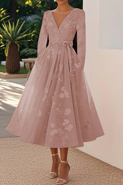 Floral Print V-neck Long Sleeve Tie Waist Elegant Midi Dress