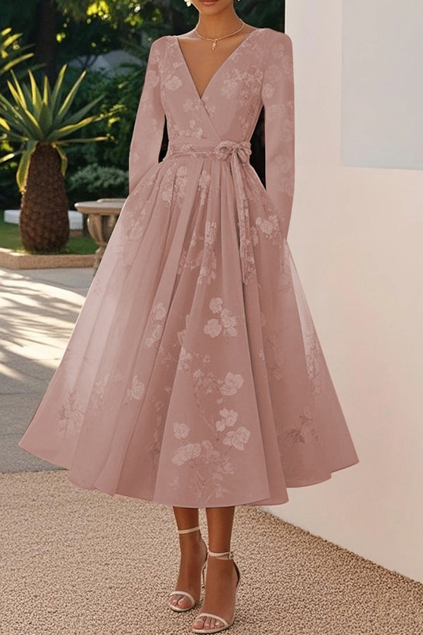 Floral Print V-neck Long Sleeve Tie Waist Elegant Midi Dress