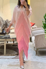 Fashionable Color-blocked Multi-layered Tassel Loose Midi Dress