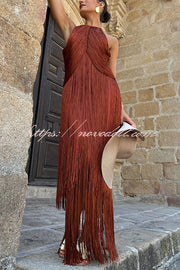 Fashion Sleeveless Halter Neck Elegant Tassel Slim Maxi Dress