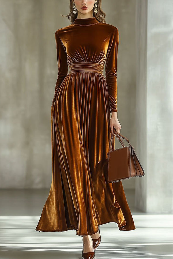 Solid Color Velvet Long-sleeved High-waisted Elegant Maxi Dress