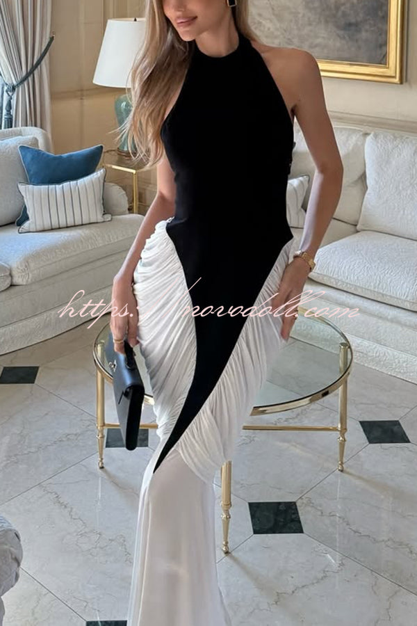 Fashionable Contrast Color Open Back Side Pleated Draped Maxi Dress