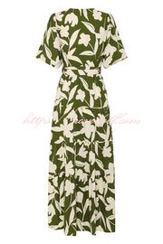 Unique Printed V-neck Puff Sleeves Tie Waist Midi Dress