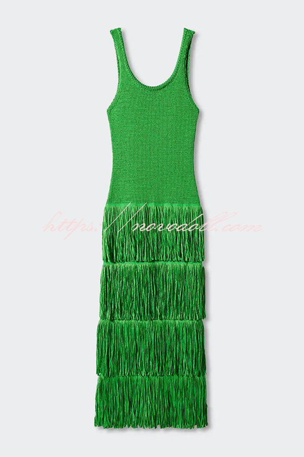 Solid Color Sleeveless Slim Fit Fringed Hem Knitted Midi Dress