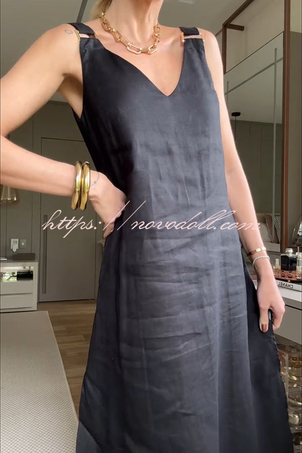 Halena Linen Blend Metal Buckle Wide Strap Pocketed A-line Slit Midi Dress