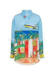 Vacation Flights Satin Unique Print Button Down Oversized Blouse