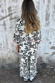 Linen Blend Unique Print Long Sleeve Loose Shirt and Elastic Waist Tie Pocket Pants Set