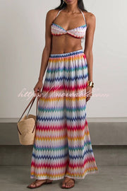 Colorful Zigzag Pattern Halter Neck Stretch Bikini and Elastic Waist Slit PantsThree-Piece Set