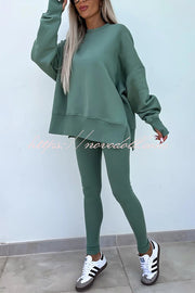 Solid Color Loose Long Sleeve SlitSweatshirt and Elastic Waist Tight Pants Set