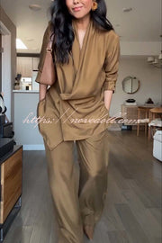 Bella Satin Drape Collar Single Button Casual Blazer and Elastic Waist Pocket Loose Pants Set