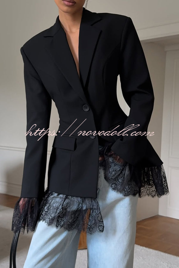 Solid Color Lace Panel Long Sleeve Button Elegant Blazer