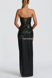 Alba Faux Leather Pleated Off Shoulder Neck Slit Stretch Maxi Dress