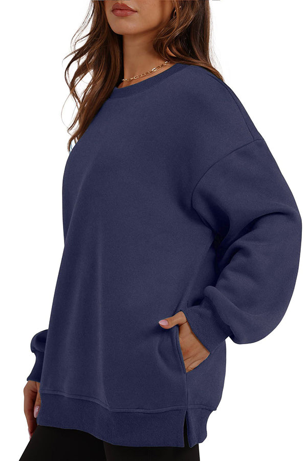 Solid Color Round Neck Pocket Loose Warm Long Sleeve Sweatshirt