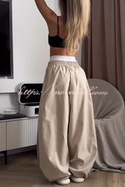 Fashionable Contrasting Long-sleeved Loose Coat and Elastic Waist Wide-leg Pants Set