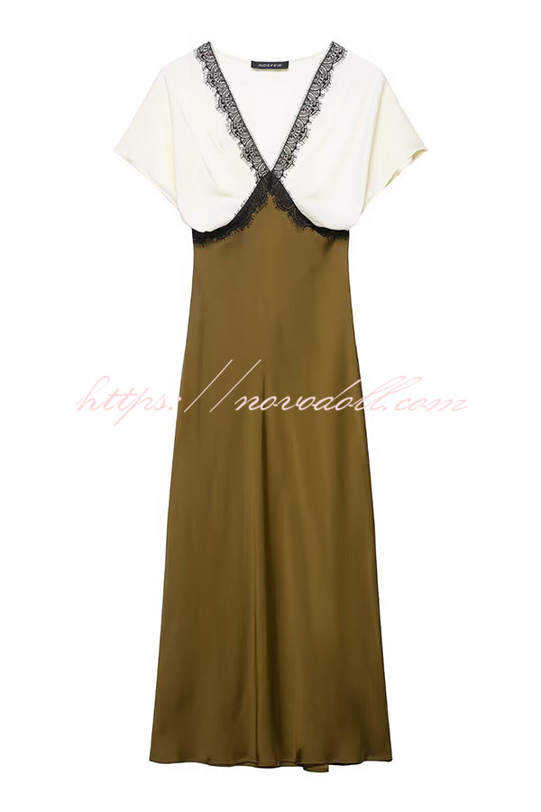 Fashionable Contrast Color V-neck Lace Stitching Maxi Dress