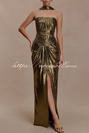 Clemence Plisse Metallic Fabric Reverse Halter Beck Strap Drape Slit Maxi Dress