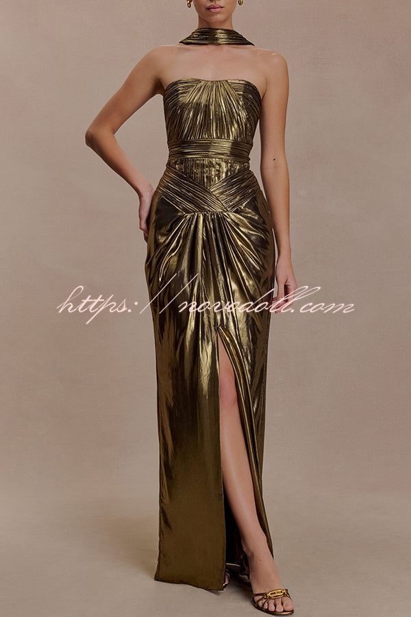 Clemence Plisse Metallic Fabric Reverse Halter Beck Strap Drape Slit Maxi Dress