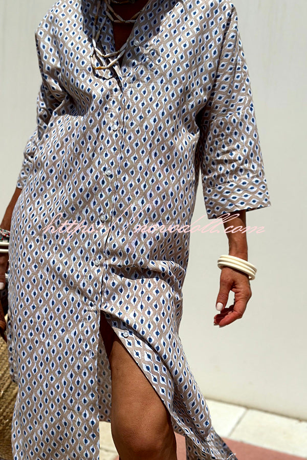 Summer Splendor Printed Button Half Sleeve Belt Loose Shirt Midi Dress