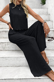 Solid Color Sleeveless Back Tie Vest and Elastic Waist Pocket Straight Pants Set