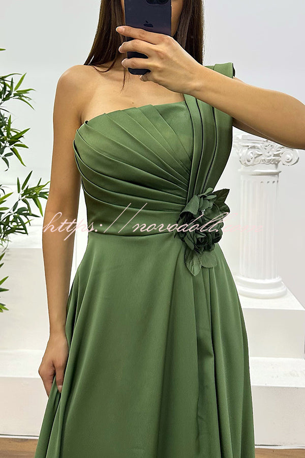 Nasha Satin Pleated One Shoulder Petal Gemstone Detail Pocket Slit Maxi Dress