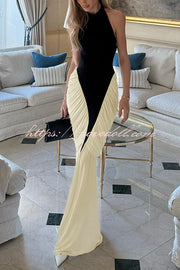 Fashionable Contrast Color Open Back Side Pleated Draped Maxi Dress