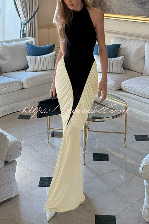 Fashionable Contrast Color Open Back Side Pleated Draped Maxi Dress