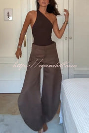 Fashion Slim-fit One-shoulder Stretch Bodysuit and Casual Side-slit Pants Set