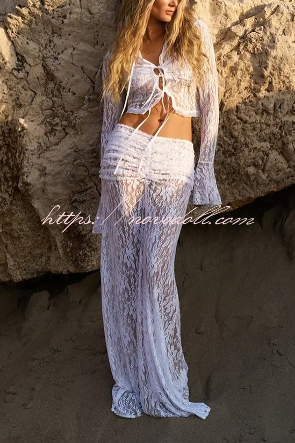 Sexy Lace Long-sleeve Lace-up Top and Pleated Sheer Maxi Skirt Set