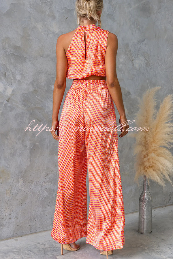 Girls Night Satin Printed High Neck Top and Elastic Tie-up Waist Pocket Wide Leg Pants Set