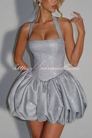 Araminta Glitter Fabric Square Halter Tie Neck Back Lace-up Fluffy Bubble Mini Dress