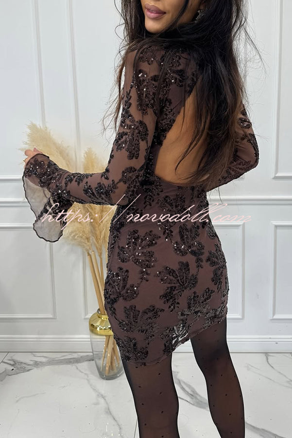 Deep and Dazzling Floral Texture Sequin Long Bell Sleeve Open Back Mini Dress
