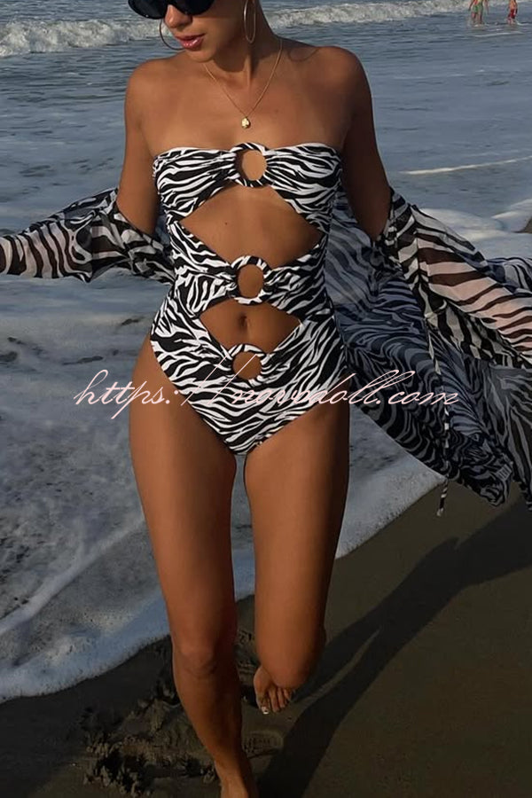 Marsie Zebra-print Ring Cutout Details Off Shoulder Stretch One-Piece Swimsuit