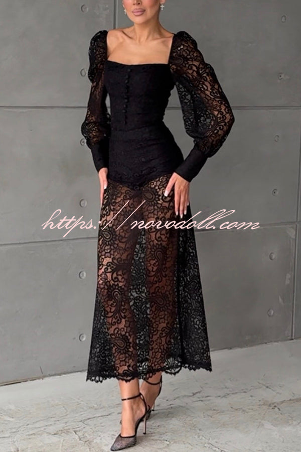 Timeless Moment Floral Lace Square Neck Button Up Balloon Sleeve Top