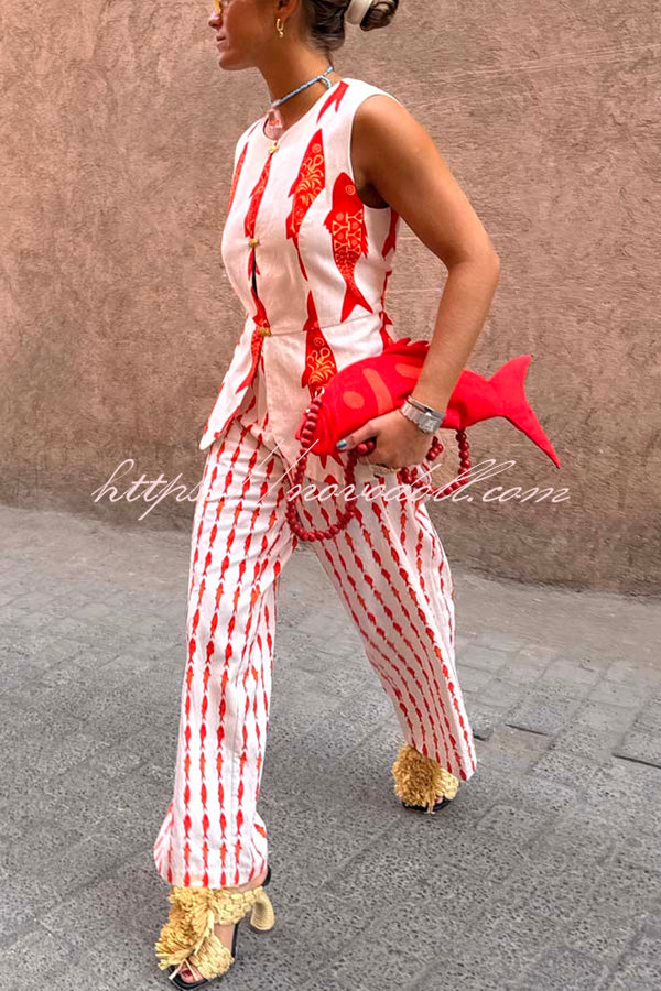 Good Luck Linen Blend Koi Pattern Metal Buttons Waisted Vest