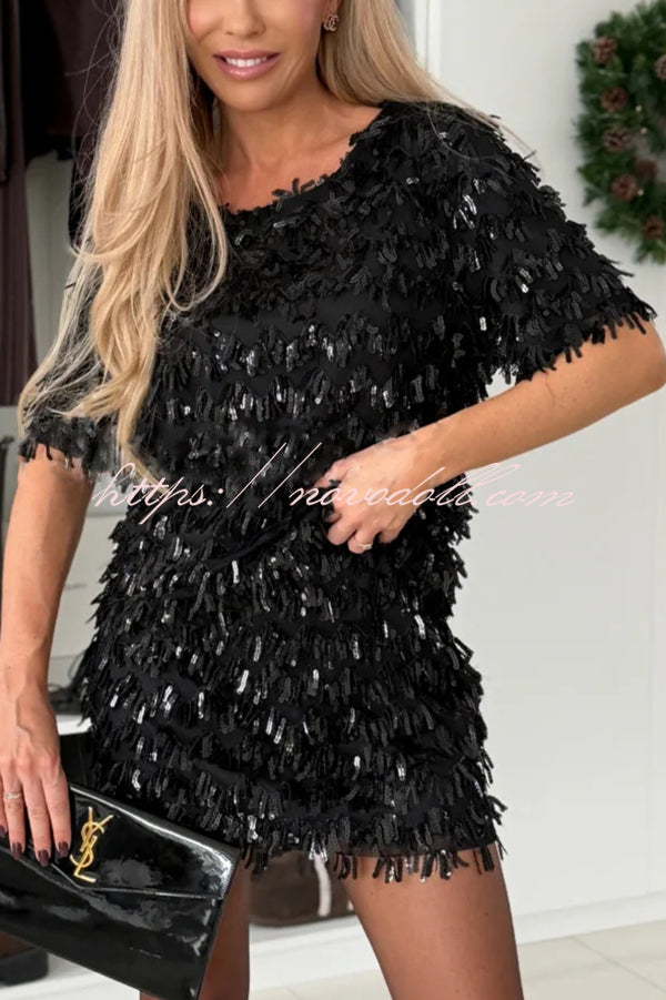 Polished Uptown Sequin Tassel Round Neck Short Sleeve Top and Elastic Waist Mini Skirt Set