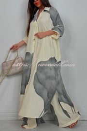 Unique Printed Casual Loose Long Shirt and Elastic Waist Pocket Wide Leg Pants Set