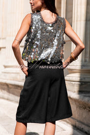 Fashionable Sequined Round Neck Sleeveless Loose Vest