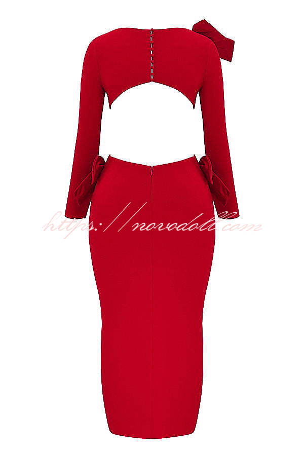 Lovely Bow Cutout Button Back Zipper Long Sleeve Maxi Dress