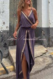 Tamia Gold Trim Elastic Waist Slit Wide Leg Slip Jumpsuit