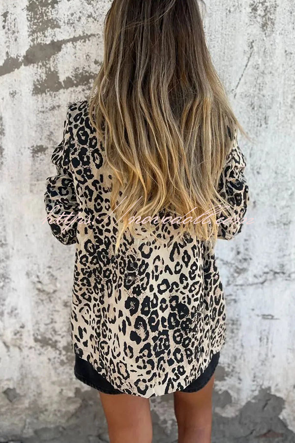 Leopard Print Lapel Long Sleeve Casual Blazer