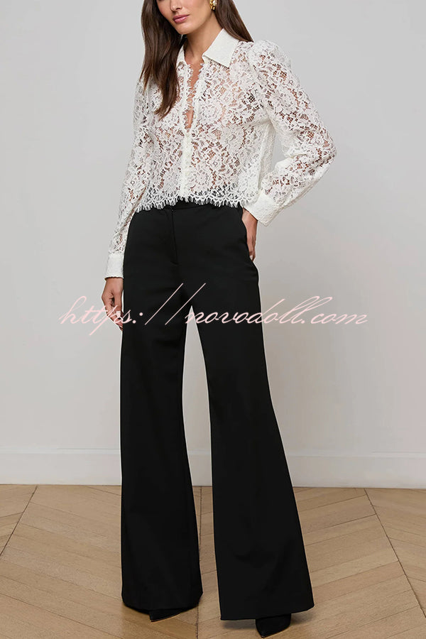 Paris Trends Floral Lace Puff Shoulder  Button Long Sleeve Blouse