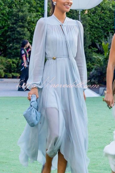Elegant and Graceful Tie-up Neck Long Balloon Sleeve Handkerchief Midi Dress