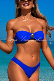 Solid Color Metal Button Decorated Stretch Two-piece Bikini Swimsuit