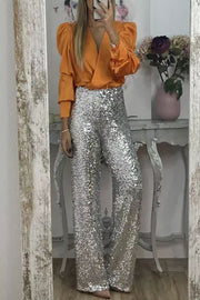 Glitzy Glamour Sequin High Rise Elastic Waist Wide Leg Pants