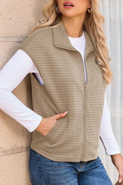 Solid Waffle Sleeveless Zipper Pocket Casual Vest