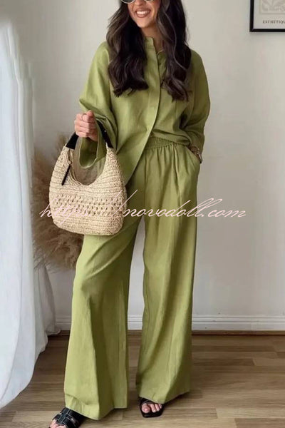 Solid Color Loose Casual Shirt and Elastic Waist Pocket Wide Leg Pants Set