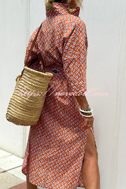 Summer Splendor Printed Button Half Sleeve Belt Loose Shirt Midi Dress