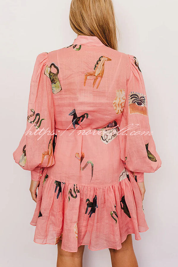 Unique Print Single Breasted Balloon Sleeve Tie Waist Ruffled Mini Dress